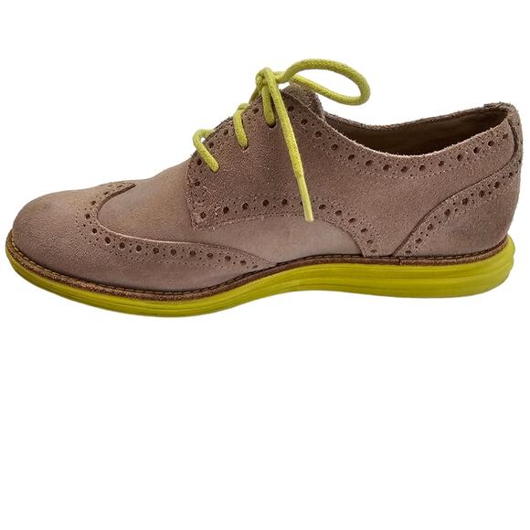 Cole Haan Shoes Womens Size 5.5 Tan Wingtip Oxford Suede Lace Up Chartreuse - Picture 7 of 15